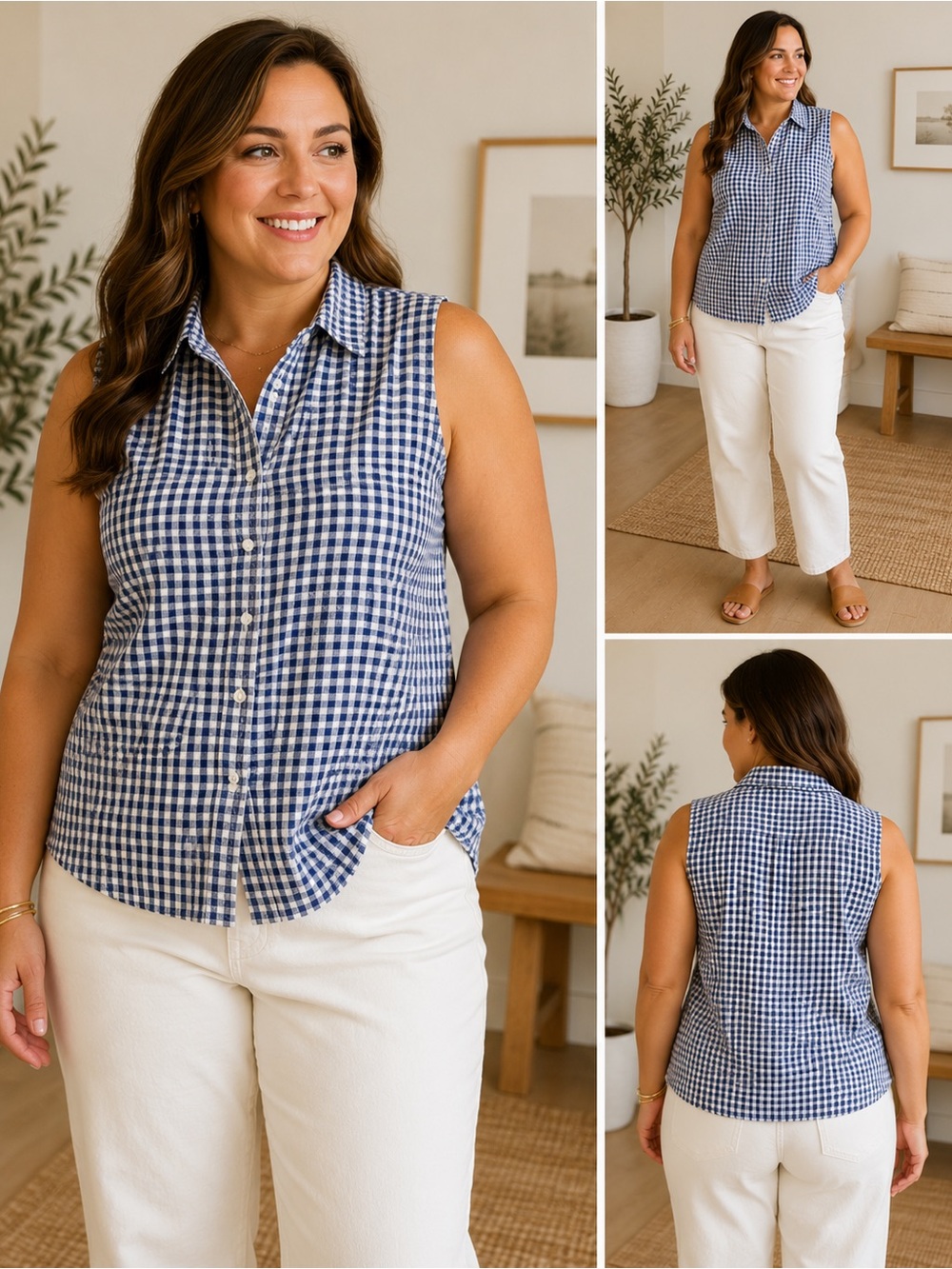 Woolrich Gingham Seersucker Button Front Top Coastal Cottage Sleeveless L H22